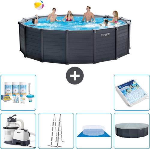 Intex Rond Graphite Gray Panel Zwembad - 478 x 124 cm - Inclusief Pomp - Ladder - Grondzeil - Afdekzeil Onderhoudspakket - Glasparels