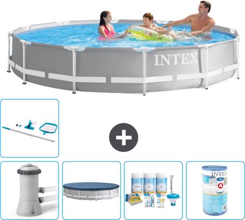 Intex Rond Prism Frame Zwembad - 366 x 76 cm - Grijs - Inclusief Pomp Afdekzeil - Onderhoudspakket - Filter - Schoonmaakset