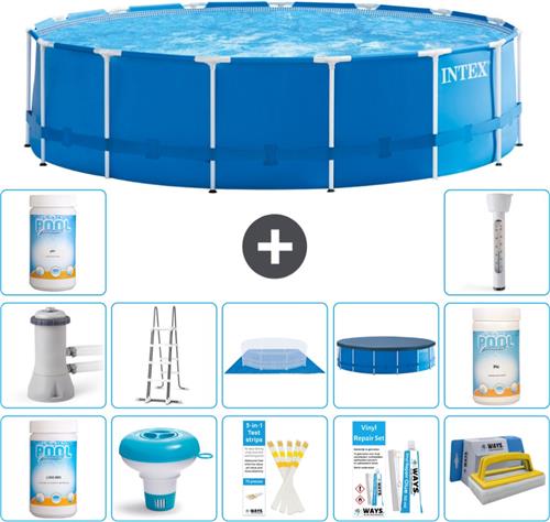Intex Rond Frame Zwembad - 457 x 122 cm - Blauw - Inclusief Pomp - Ladder - Grondzeil - Afdekzeil Chloor - Chloordrijver - Testrips - Reparatiesetje - Scrubborstel - PH-waarde - PH-waarde - Thermometer