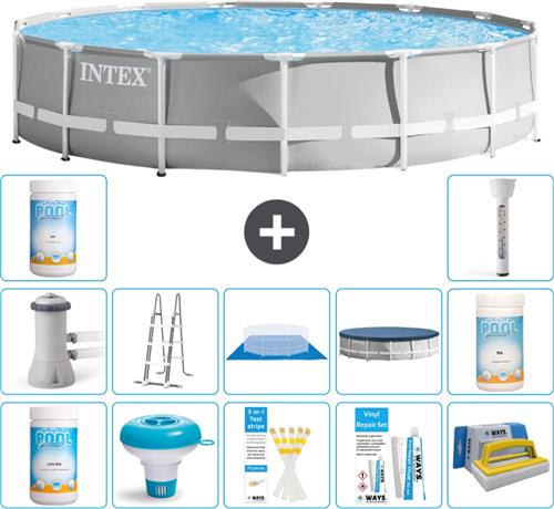 Intex Rond Prism Frame Zwembad - 457 x 107 cm - Grijs - Inclusief Pomp - Ladder - Grondzeil - Afdekzeil Chloor - Chloordrijver - Testrips - Reparatiesetje - Scrubborstel - PH-waarde - PH-waarde - Thermometer