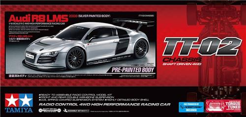 Tamiya Modelbouwpakket Auto - 47517 RC Auto - Audi R8 LMS 2008 - TT02 - Zilvergelakte Carrosserie RC Plastic - 1:10 -