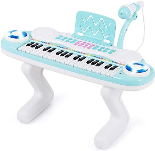 COSTWAY 37 toetsen pianotoetsenbord met licht, kindertoetsenbord met standaard, piano speelgoed elektronisch, muziekinstrument met opname- en afspeelfunctie, incl. microfoon (blauw)
