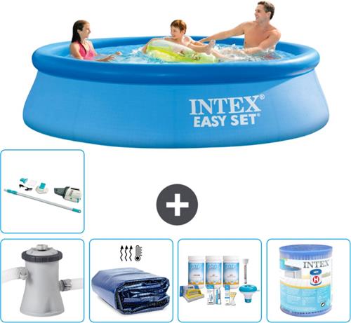 Intex Rond Opblaasbaar Easy Set Zwembad - 305 x 76 cm - Blauw - Inclusief Pomp Solarzeil - Onderhoudspakket - Filter - Stofzuiger - Vloertegels