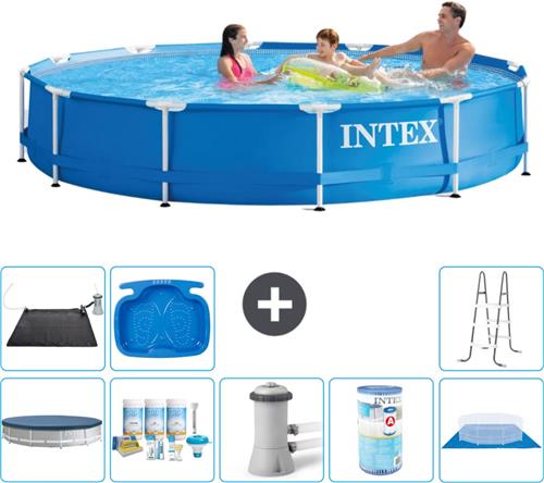 Intex Rond Frame Zwembad - 366 x 76 cm - Blauw - Inclusief Afdekzeil - Onderhoudspakket - Zwembadfilterpomp - Filter - Grondzeil - Solar Mat - Ladder - Voetenbad