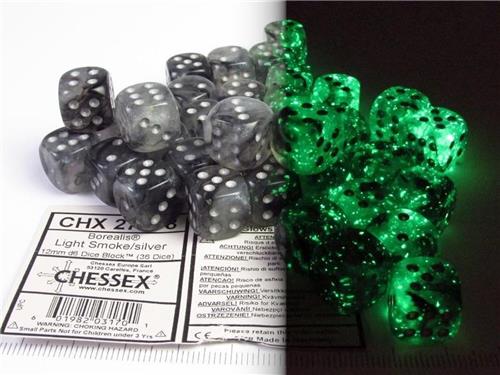 Chessex 36-Die Set Borealis Luminary 12mm - Light Smoke/Silver