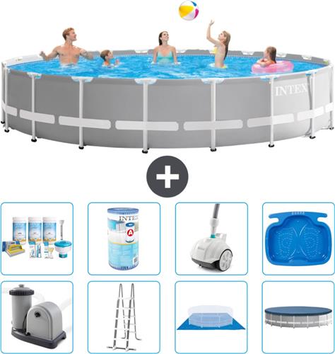 Intex Rond Prism Frame Zwembad - 610 x 132 cm - Grijs - Inclusief Pomp - Ladder - Grondzeil - Afdekzeil Onderhoudspakket - Filter - Stofzuiger - Voetenbad