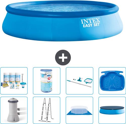 Intex Rond Opblaasbaar Easy Set Zwembad - 457 x 107 cm - Blauw - Inclusief Pomp - Ladder - Grondzeil - Afdekzeil Onderhoudspakket - Filter - Schoonmaakset - Voetenbad