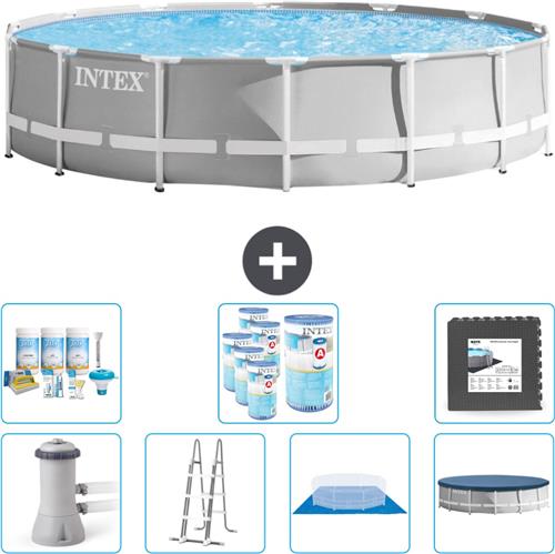 Intex Rond Prism Frame Zwembad - 427 x 107 cm - Grijs - Inclusief Pomp - Ladder - Grondzeil - Afdekzeil Onderhoudspakket - Filters - Vloertegels
