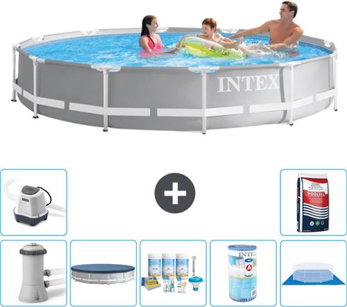Intex Rond Prism Frame Zwembad - 366 x 76 cm - Grijs - Inclusief Pomp Afdekzeil - Onderhoudspakket - Filter - Grondzeil - Zoutwatersysteem - Zwembadzout