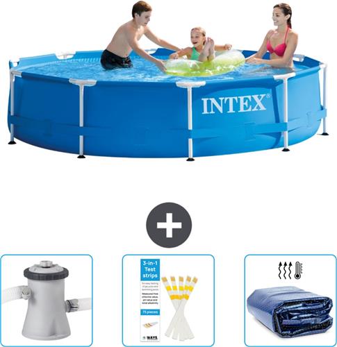 Intex Rond Frame Zwembad - 305 x 76 cm - Blauw - Inclusief Zwembadfilterpomp - Testrips - Solarzeil