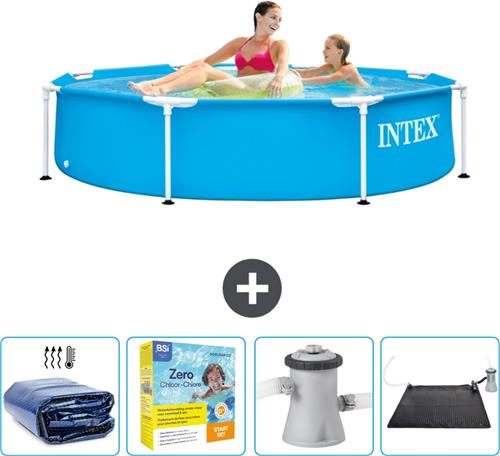 Intex Rond Frame Zwembad - 244 x 51 cm - Blauw - Inclusief Solarzeil - Onderhoudspakket - Zwembadfilterpomp - Solar Mat