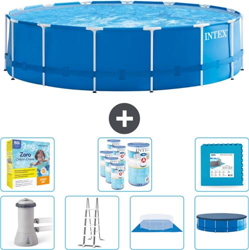 Intex Rond Frame Zwembad - 457 x 122 cm - Blauw - Inclusief Pomp - Ladder - Grondzeil - Afdekzeil Onderhoudspakket - Filters - Vloertegels