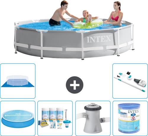 Intex Rond Prism Frame Zwembad - 305 x 76 cm - Grijs - Inclusief Solarzeil - Onderhoudspakket - Zwembadfilterpomp - Filter - Grondzeil - Stofzuiger