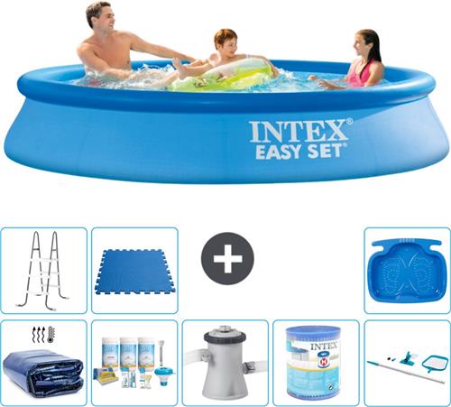 Intex Rond Opblaasbaar Easy Set Zwembad - 305 x 61 cm - Blauw - Inclusief Solarzeil - Onderhoudspakket - Zwembadfilterpomp - Filter - Schoonmaakset - Ladder - Voetenbad - Vloertegels