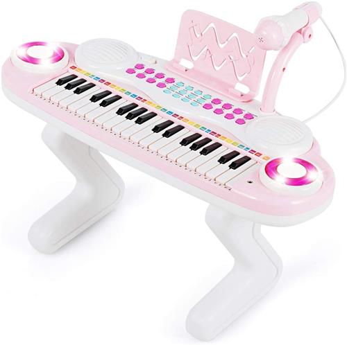 COSTWAY 37 toetsen pianotoetsenbord met licht, kindertoetsenbord met standaard, piano speelgoed elektronisch, muziekinstrument met opname- en afspeelfunctie, incl. microfoon (roze)