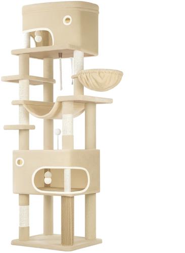 Kattenboom  Krabpaal  Klimpaal  Kattenhuis  Kattenmeubel  Beige Kleur  203 cm Hoog  7 Sisal Krabpalen & 2 Ruime Holletjes