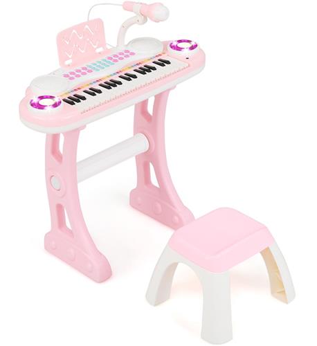 COSTWAY Pianotoetsenbord met 37 toetsen met licht, elektrisch kinderkeyboard opname en weergave, pianospeelgoed met microfoon, standaard en kruk, speelgoedpiano voor kinderen vanaf 18 maanden (roze)