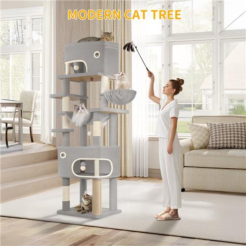 Krabpaal  Kattenboom  Kattenhuis  Kattentoren  Krabmeubel  203 cm Hoog  7 Krabpalen & 2 Ruime Holletjes  Donkergrijs
