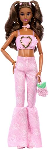 Barbie Deluxe Stijl - Roze Denim Croptop en Broek met Wijde Pijpen en Bruin Haar - Modepop