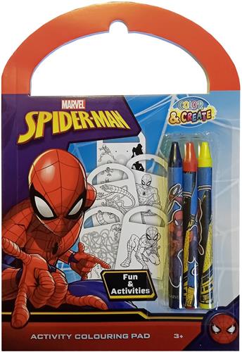 Marvel Spider-Man - Mini activiteiten boek - 5 kleurplaten - 5 puzzels - 10 blanco pagina's - 3 waskrijtjes in rood, geel en blauw - 3+ - knutselen - superheld