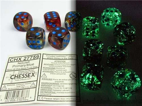 Chessex Nebula Primary/blue Luminary D6 16mm Dobbelsteen Set (12 stuks)