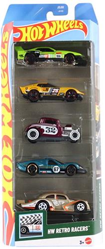 HOT WHEELS RETRO RACERS 5 PACK (JBJ86) 1:64 EL SEGUNDO COUPE,GT-SCORCHER, '32 FORD, VOLKSWAGEN KEVER VW RACER, 1967 FORD GT40 MK.IV