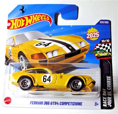HOT WHEELS FERRARI 365 GTB4 COMPETIZIONE YELLOW 22/250 RACE DAY 10/10 SHORT CARD