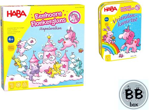 Haba Set van 2 spellen vanaf 4 jaar: Eenhoorn Flonkerglans Stapelwolken + Vriendenkwartet