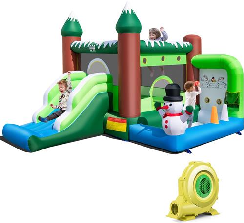 COSTWAY Springkasteel met blazer, glijbaan, springgedeelte, ballenbad, basketbalmand, werpgaten en ringspel, voor kinderen, wintermotief voor binnen en buiten