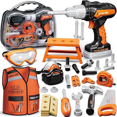 Gereedschapskist voor Kinderen  Speelgoed Gereedschapsset met Boormachine (Geluid & 2 Richtingen) + Bouwvakkerkostuum  Inclusief Bril, Masker & Meetlint  Vanaf 3 Jaar