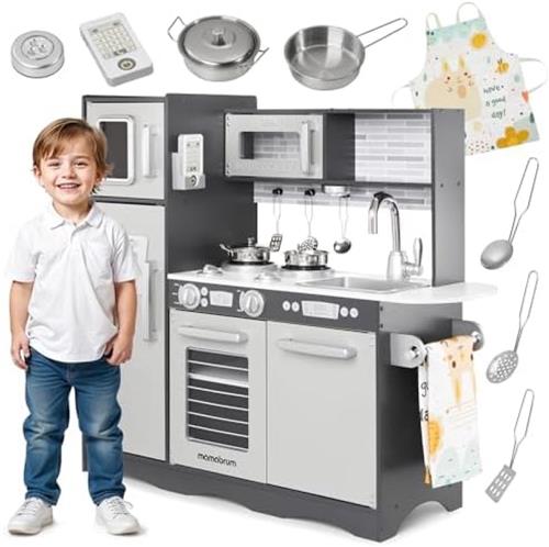 Houten Kinderkeuken Speelgoed met LED Verlichting en Realistische Accessoires - Grijze Speelkeukenset voor Rollenspel en Fantasiespel voor Jonge Chef-koks