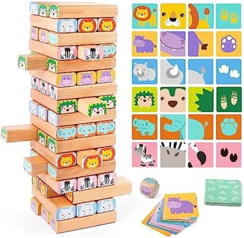 Houten Blok Stapelspel - 4-in-1 Tuimeltoren Familie Gezelschapsspel met Bouwstenen, Kaarten en Dobbelstenen - Afrikaanse Safari Educatief Houten Speelgoed voor kinderen 3-9 jaar