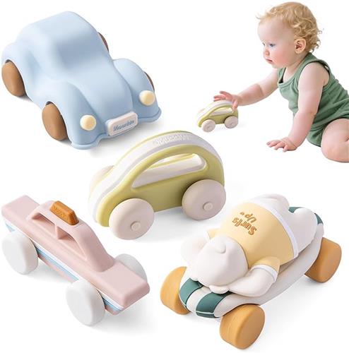 Autospeelgoedset Pastel  5-delig Siliconen (BPA-vrij)  Sensorisch & Bijtvriendelijk  Unibody, Zachte Wielen, Vaatwasmachinebestendig  6+ mnd t/m 3 jaar  Duurzaam Speelgoed