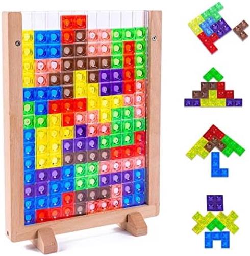 Educatieve Montessori Puzzel voor Kinderen 3-5 Jaar - 40 Delige 3D Tetris Vormenpuzzel met Houten Frame en Kleurrijke Geometrische Blokken - STEM Speelgoed voor Jongens en Meisjes