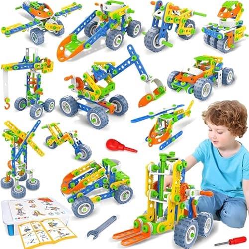 Educatieve Bouwset STEM Speelgoed 152 Delen - 12-in-1 Creatieve Constructie Kit voor Kinderen 4-9 Jaar - Pedagogisch Leerspeelgoed met Hijskraan, Helikopter en Vrachtwagen Modellen