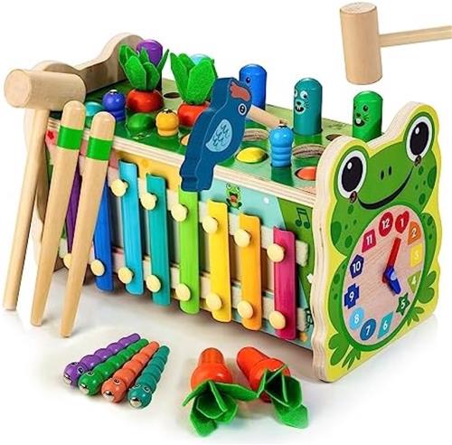 Kikker hamerspeelgoed, drumspeelgoed, xylofoon, 6-in-1 houten speelgoed, multifunctionele speelgoedkist, Montessori-ontwikkelingsspeelgoed, cadeau voor kinderen vanaf 3 jaar, 3, 4, 5, 6, 7, 8 jaar