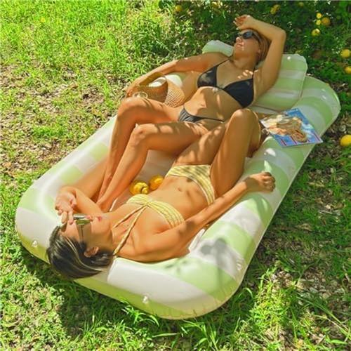 Opblaasbare Zonnebank - Luxe Tanning Pool Luchtbed voor Zwembad - Inclusief Bekerhouders en Water Vul Systeem - Groen en Wit - 178 x 114 cm