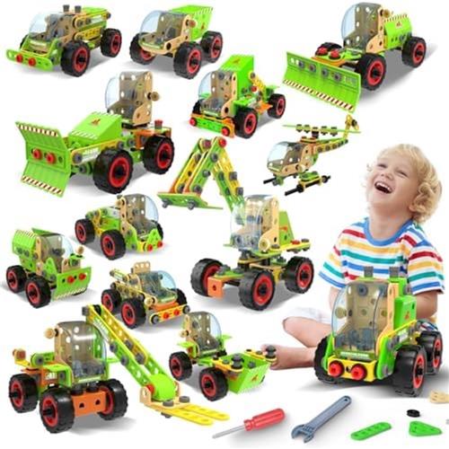 14-in-1 Bouwspeelgoedset Educatieve Constructie Kit STEM Speelgoed voor Kinderen 4-12 Jaar Bouwvoertuigen Tractor Bulldozer Graafmachine Vorkheftruck Helikopter Creatief Leren Techniek