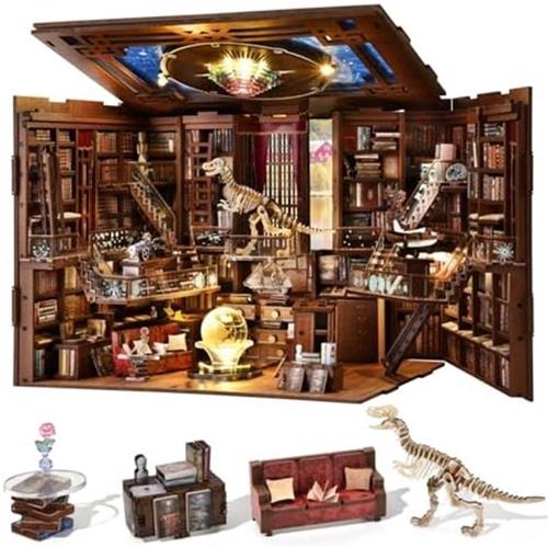 Doe-het-zelf Boekenplank Miniatuurhuisje 3D Houten Puzzel Bouwpakket met LED Verlichting - Bibliotheek Thema Creatief Decoratief Cadeau voor Volwassenen en Tieners