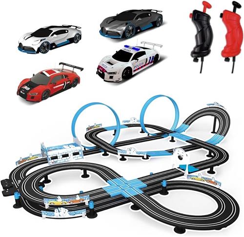 Elektrische Racebaan 13,5 m  High Speed Slotcar Set (1:64 HO)  4 Autos met LED, Magneetgrip & Netvoeding  Looping, Meerdere Layouts  165×130×32 cm
