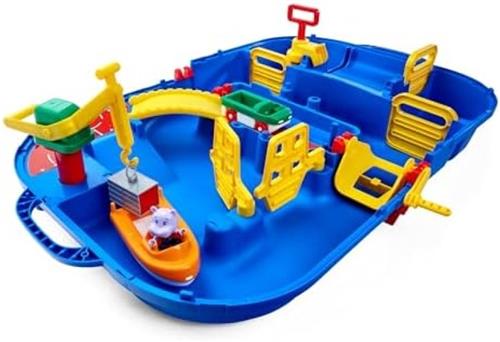LockBox - Draagbare waterbaan speelset met 27 onderdelen, inclusief Hippo Wilma, amfibieauto en containerboot, voor kinderen vanaf 3 jaar, blauw