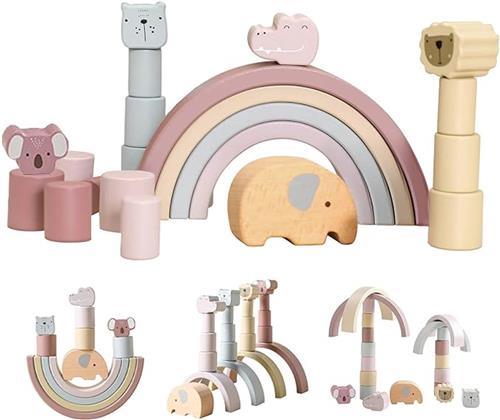 Montessori Regenboog Houten Stapelspel  Beukenhout  Pastel Stapeltoren met 4 Regenboogbogen, 5 Dierfiguren & 12 Cilinders  Educatief Evenwichtsspel voor Baby/Peuter 15 jaar  Inclusief Opbergtas & Cadeaudoos
