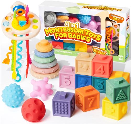 Montessori 4-in-1 babyspeelgoed vanaf 6-12 maanden, stapelblokken, sensorisch koord, trekken, speelgoed, babyspeelgoed, stapelspel, sensorisch speelgoed, babycadeau, 1-2-3 jaar