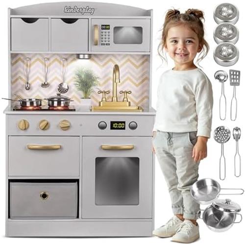 Houten Kinderkeuken Speelgoed met Licht en Geluid, Verstelbare Speelkeuken voor Kinderen 3-6 Jaar, Complete Keukenset met Accessoires, Scandinavisch Design