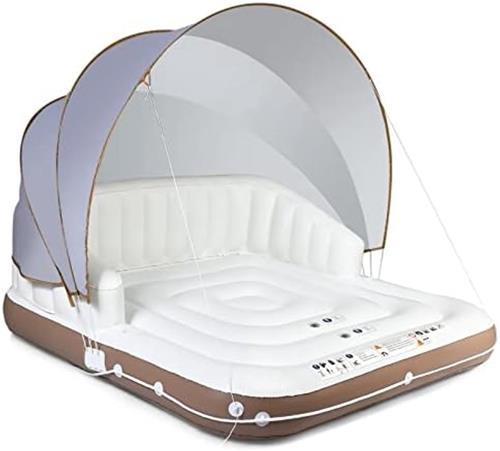 Opblaasbaar badeiland met intrekbare en afneembare overkapping, SPF 50+, zwemeiland met 2 bekerhouders, zwemligbed voor 2 volwassenen, belastbaar tot 200 kg