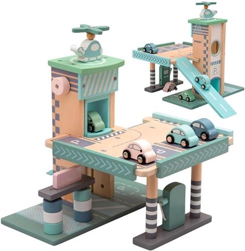 Houten Parkeergarage voor Kinderen  2 Verdiepingen & Lift  Inclusief Accessoires  Scandinavische Pasteltinten  Duurzaam Beukenhout  Interactief Speelgoed 3+ jaar