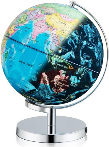 COSTWAY 23 cm lichtgevende wereldbol, wereldbol verlicht, leerlingglobe met metalen sokkel en licht, incl. Engelse geografische kaart & sterrenbeeldkaart, pedagogisch leermateriaal voor thuis, school