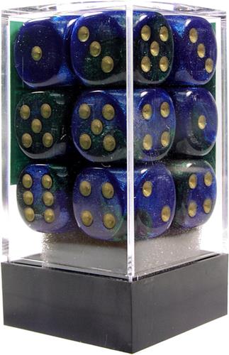 Chessex Gemini Blue-Green/gold D6 16mm Dobbelsteen Set (12 stuks)