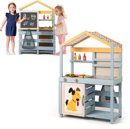COSTWAY 2-IN-1 Modderkeuken voor kinderen buiten, houten kinderkeuken met tas & manden, plank & accessoires, speelkeuken met verwijderbare gootsteen, buitenkeuken voor kinderen vanaf 3 jaar