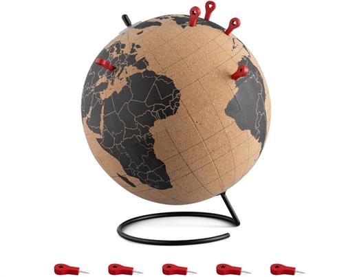 WNHB® Kurk Wereldbol Prikbord - Educatieve Decoratie met 10 Punaises - Wereldkaart Globe 20 cm